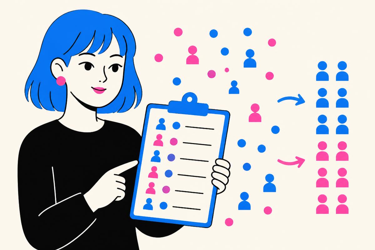 Illustrated blue-haired character holding a clipboard as scattered members organize into a buyer list