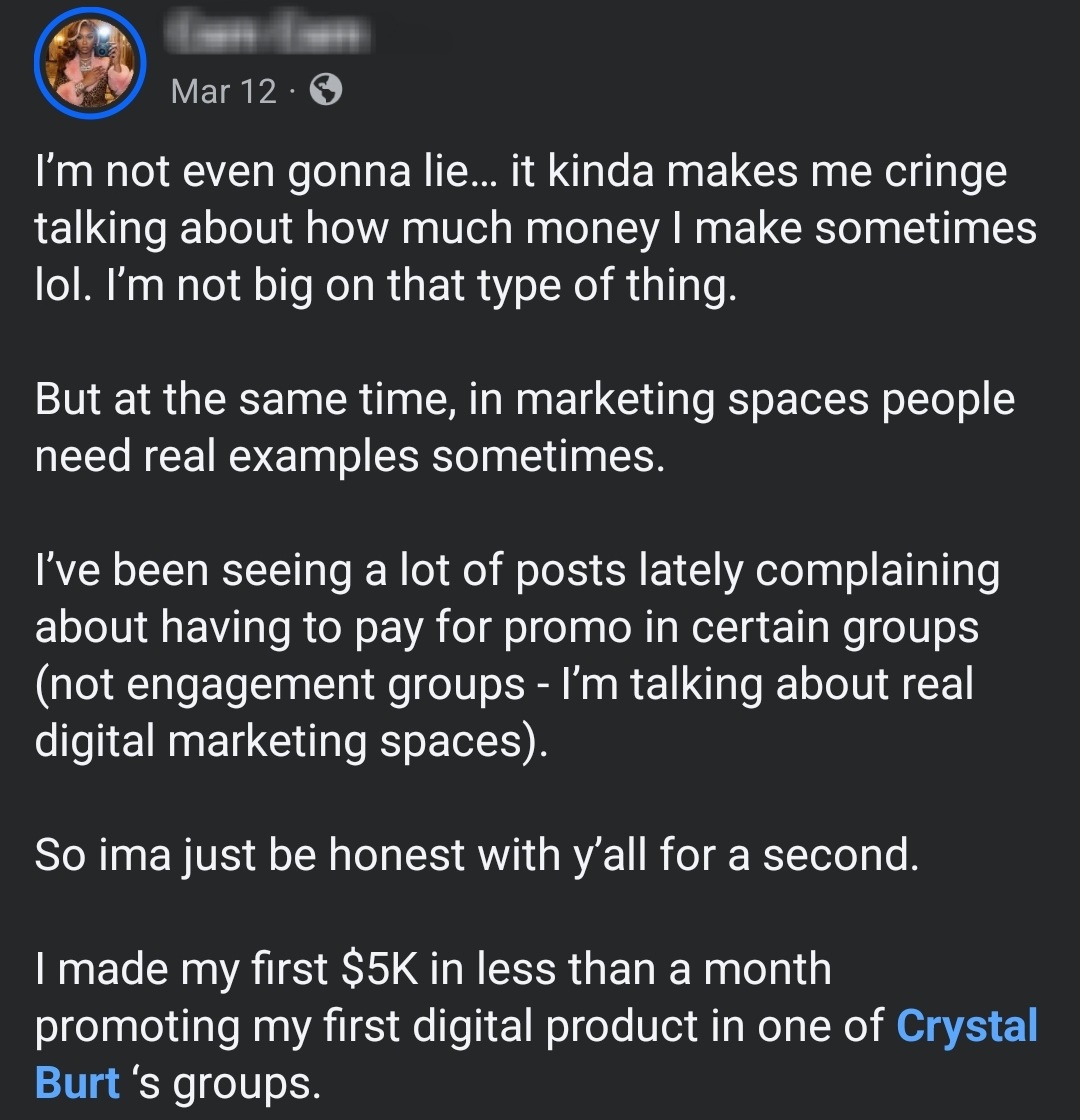 Facebook post screenshot from a member who made their first $5,000 in under a month promoting a digital product in one of Crystal Burt's groups