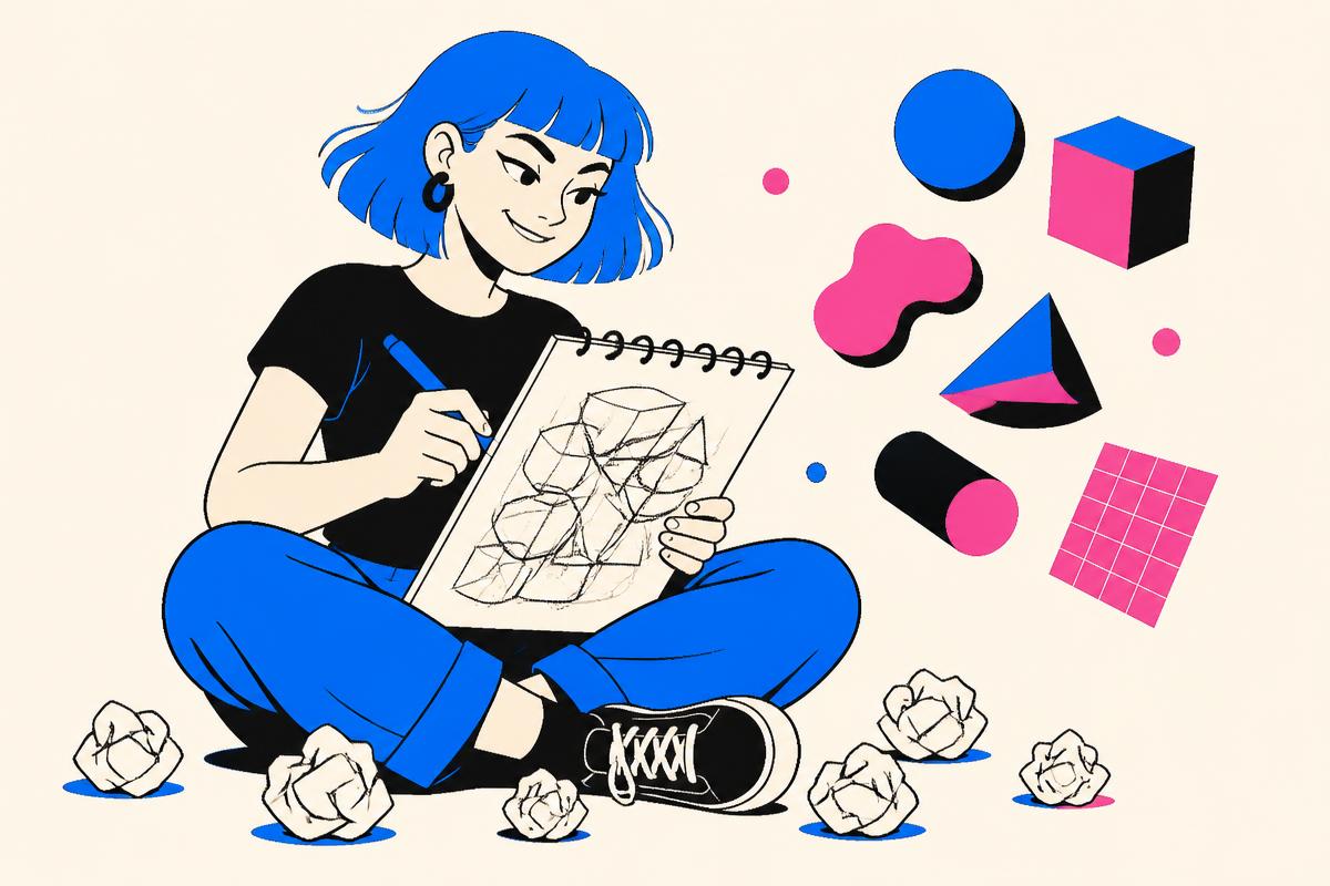 Illustrated blue-haired character sketching a rough draft with crumpled paper around her