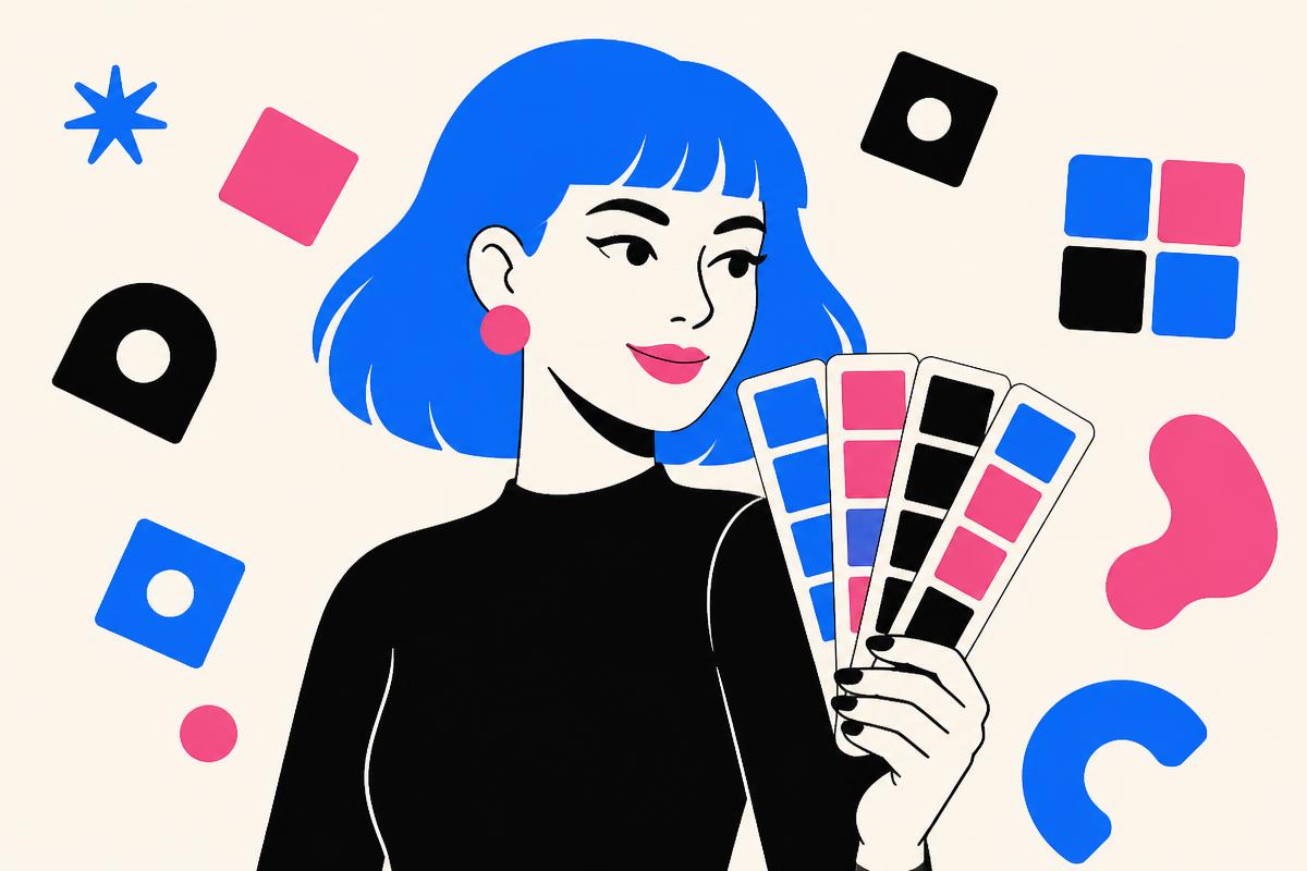Illustrated blue-haired character holding a fan of brand color swatches