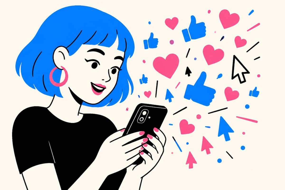 Illustrated blue-haired character holding a phone erupting with likes, hearts and clicks