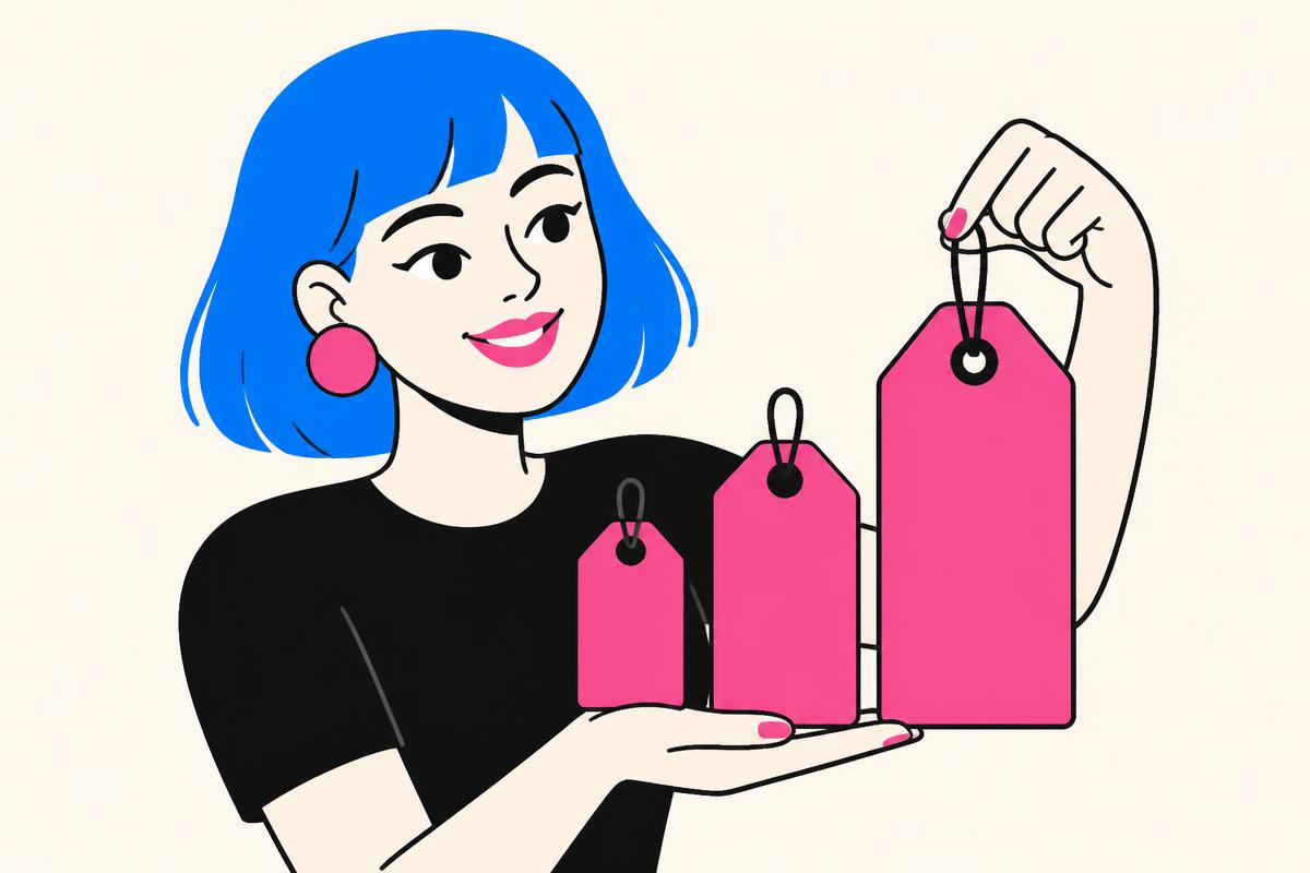 Illustrated blue-haired character holding up three price tags and choosing the biggest one