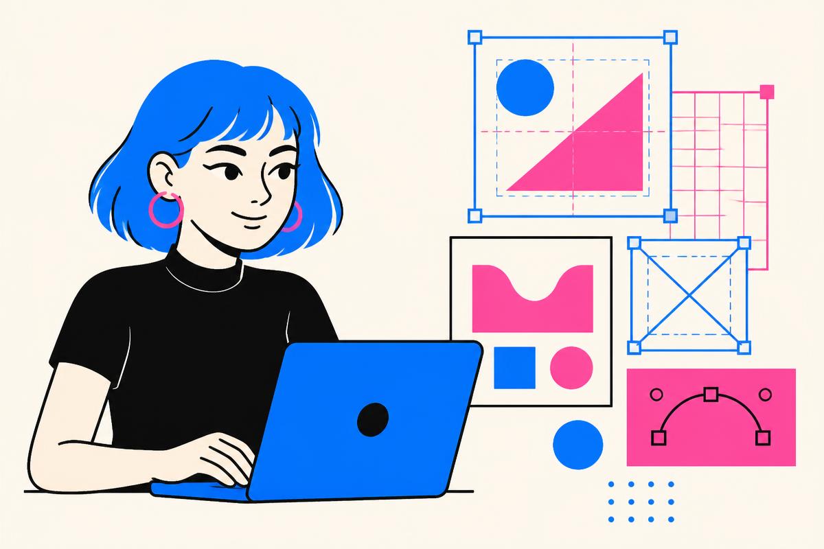 Illustrated blue-haired Created In Canva character working at a laptop beside tidy layered Canva artboards